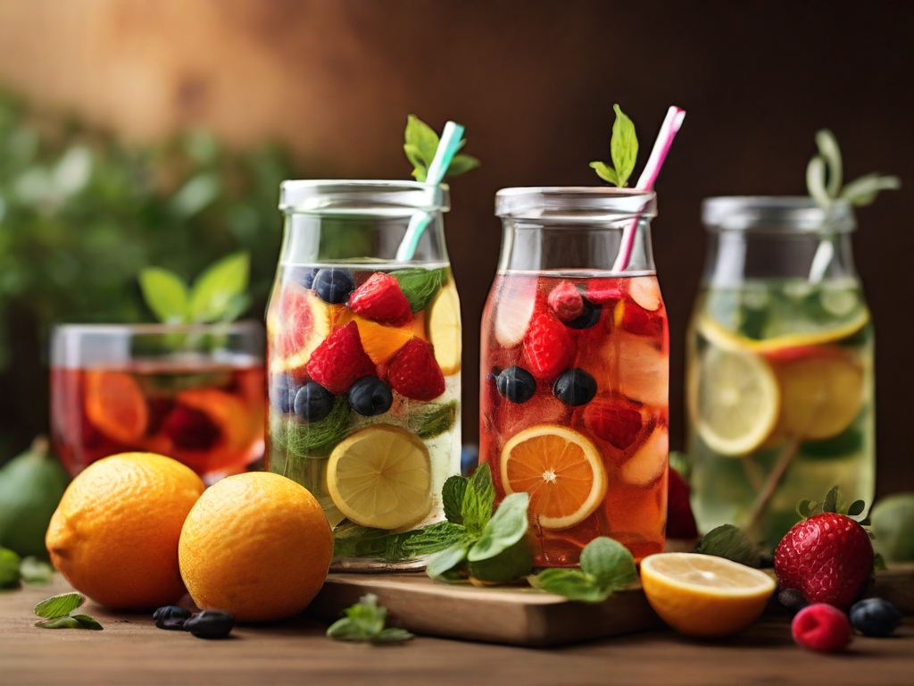 Ilustração de opções criativas de hidratação, incluindo chás de ervas e águas aromatizadas com frutas e ervas, acompanhadas de placa de alerta contra bebidas açucaradas.