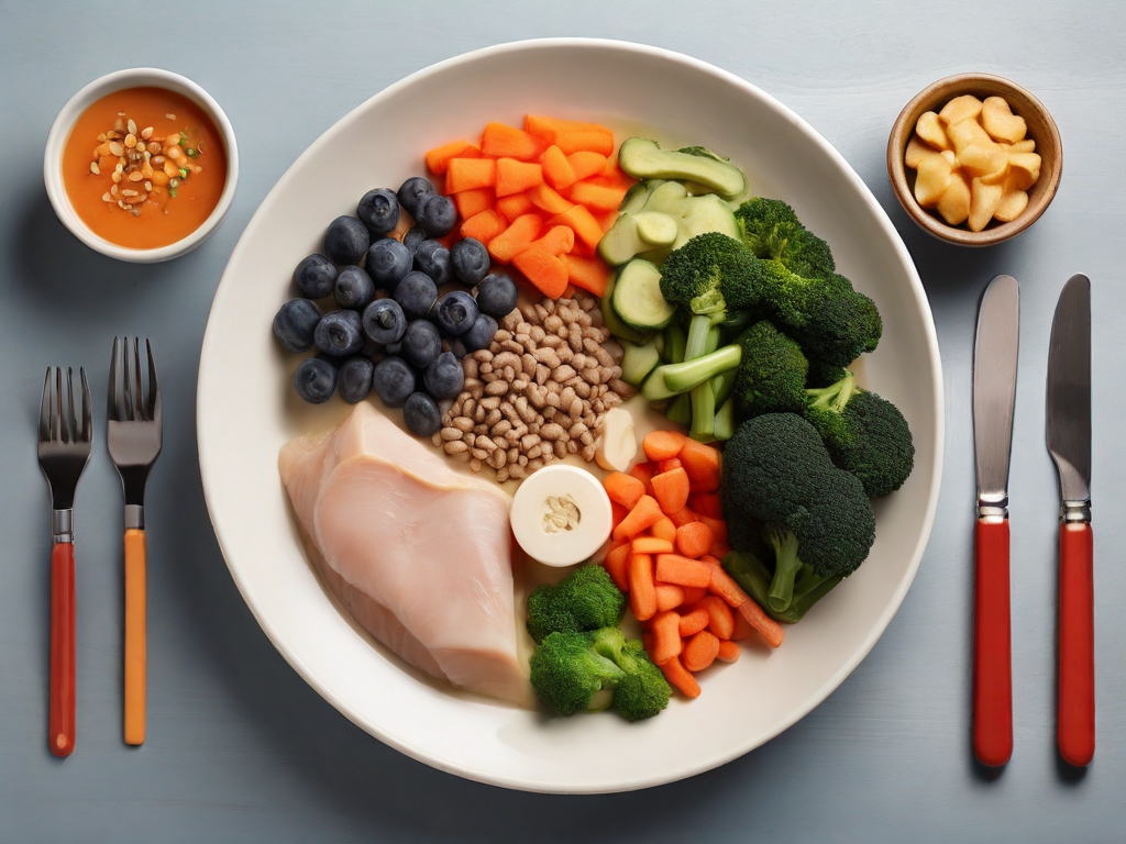 Ilustração de um prato balanceado com sopa, fibras, vegetais, proteínas e carboidratos, promovendo uma alimentação saudável no pós-parto.