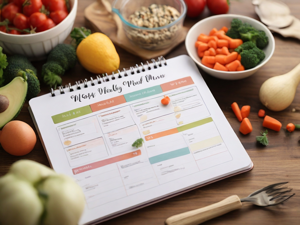 Uma imagem que descreve o processo de planejamento de refeições semanais com ingredientes nutritivos, enfatizando os benefícios do planejamento proativo para controle de emagrecimento pós-parto.