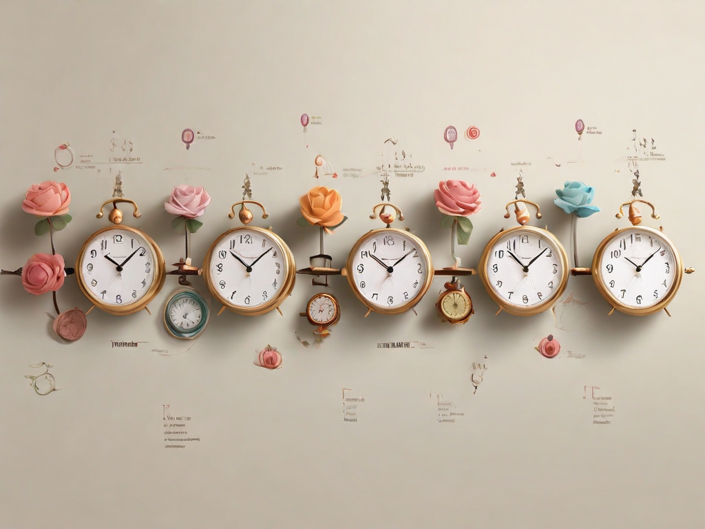 Uma ilustração que representa cronogramas individuais, com relógios que simbolizam jornadas únicas de perda de peso pós-parto, enfatizando a virtude da paciência.
