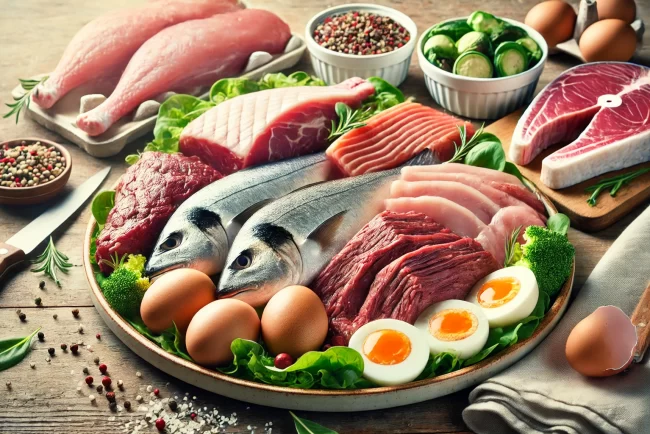 Um prato com proteínas animal que são usadas na Dieta Carnívora