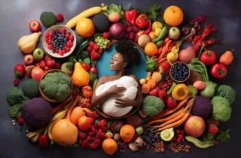 Uma ilustração colorida que representa o mundo diversificado da nutrição pós-parto, com frutas, vegetais e símbolos de amamentação.