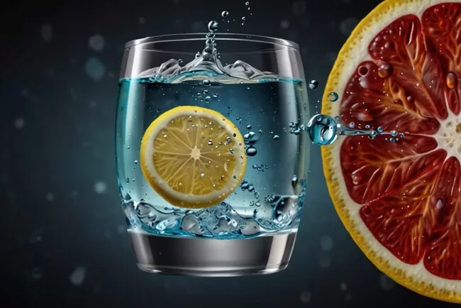 Copo de água com gás com limão e ilustração dos rins com cálculos renais.