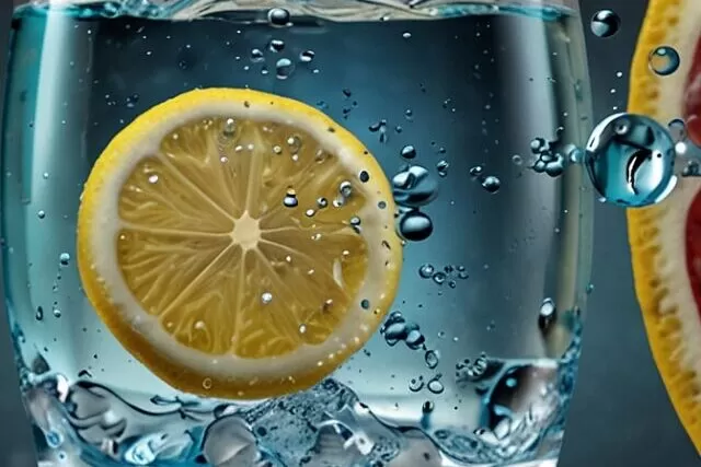 Copo de água com gás com limão e ilustração dos rins com cálculos renais.