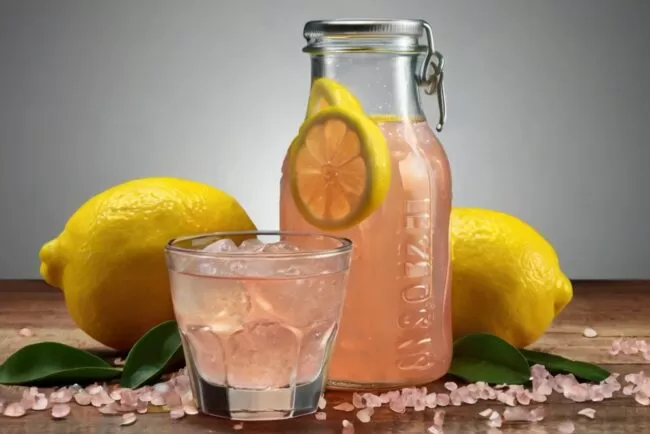 Bebida isotônica caseira de limão em um copo claro, cercada por limões frescos, um pote de mel e uma pitada de sal rosa do Himalaia.