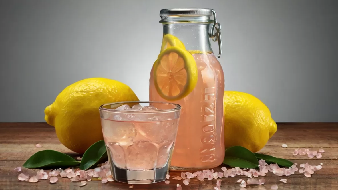 Bebida isotônica caseira de limão em um copo claro, cercada por limões frescos, um pote de mel e uma pitada de sal rosa do Himalaia.