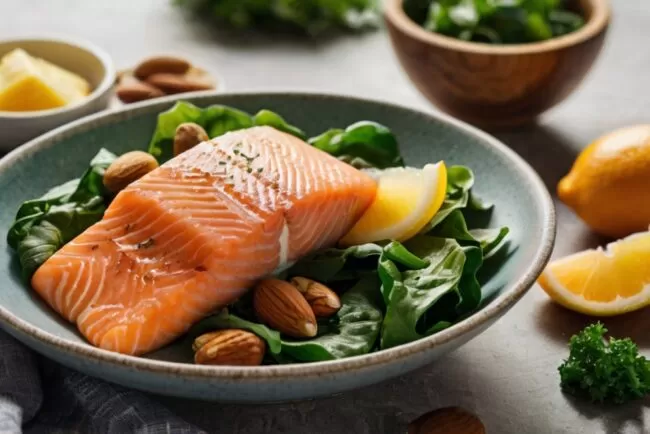 uma variedade de alimentos saudáveis, incluindo salmão, nozes, folhas verdes, frutas cítricas, ovos, iogurte e grãos integrais