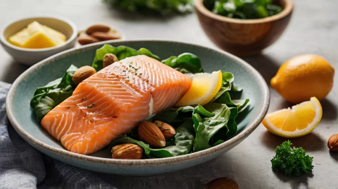 uma variedade de alimentos saudáveis, incluindo salmão, nozes, folhas verdes, frutas cítricas, ovos, iogurte e grãos integrais