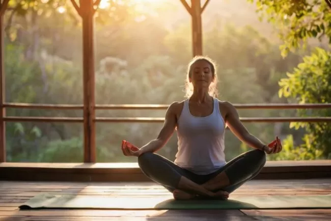 Pessoa praticando yoga ao ar livre ao nascer do sol.