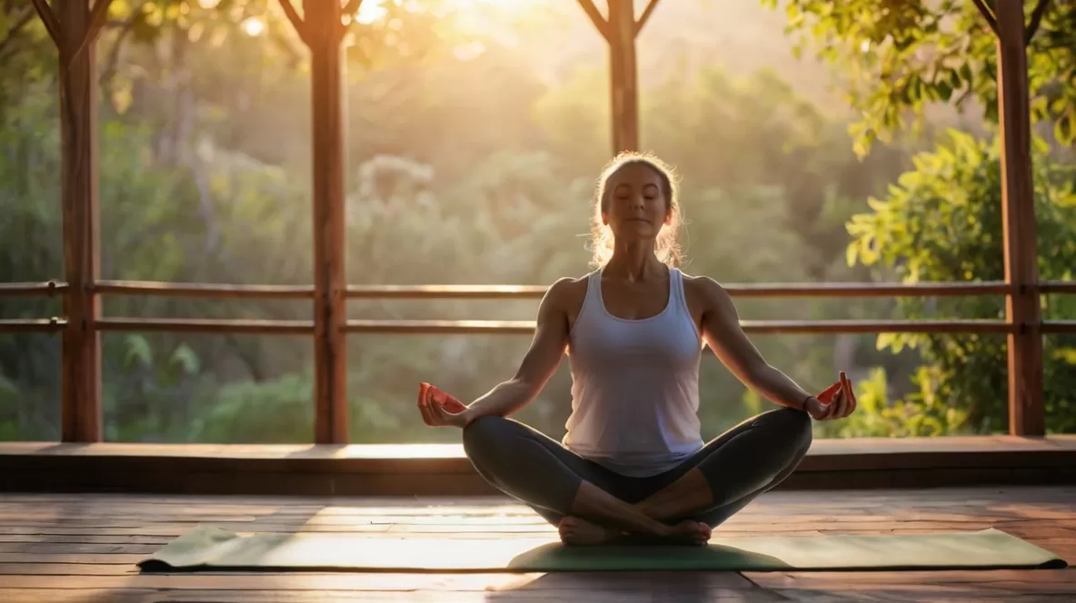 Pessoa praticando yoga ao ar livre ao nascer do sol.
