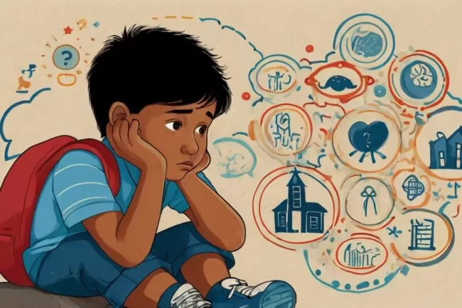 Illustrate a worried child sitting alone with a thought bubble containing various stress symbols like school, friends, and family.