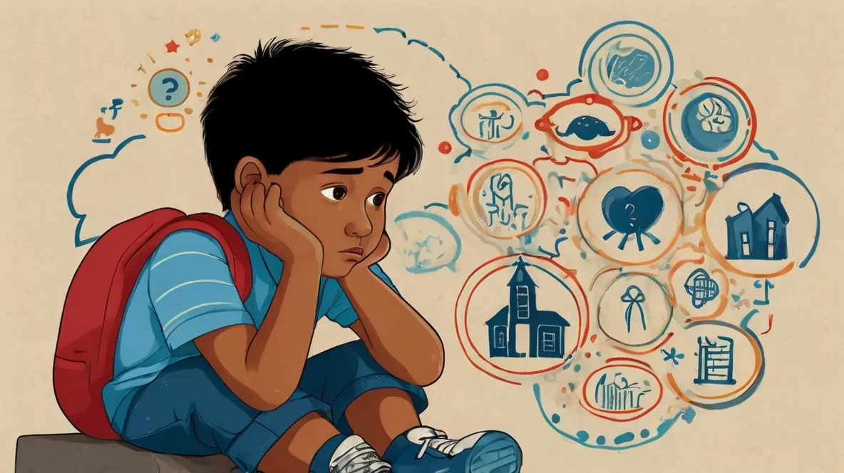 Illustrate a worried child sitting alone with a thought bubble containing various stress symbols like school, friends, and family.