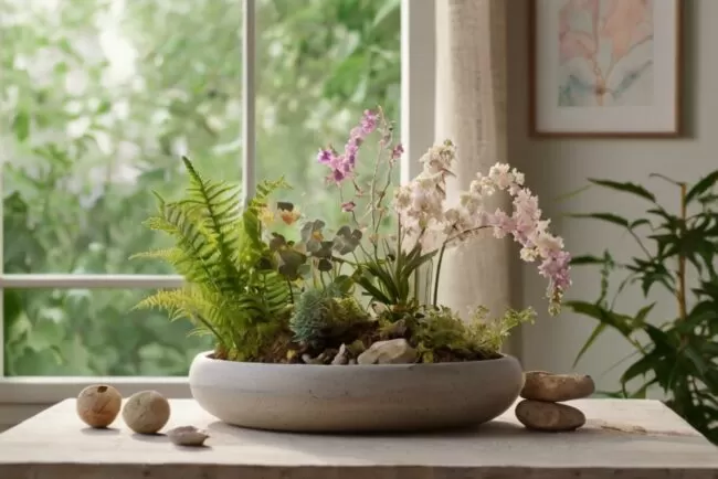 Cena serena inspirada na natureza com plantas e flores, refletindo tranquilidade e remédios naturais.