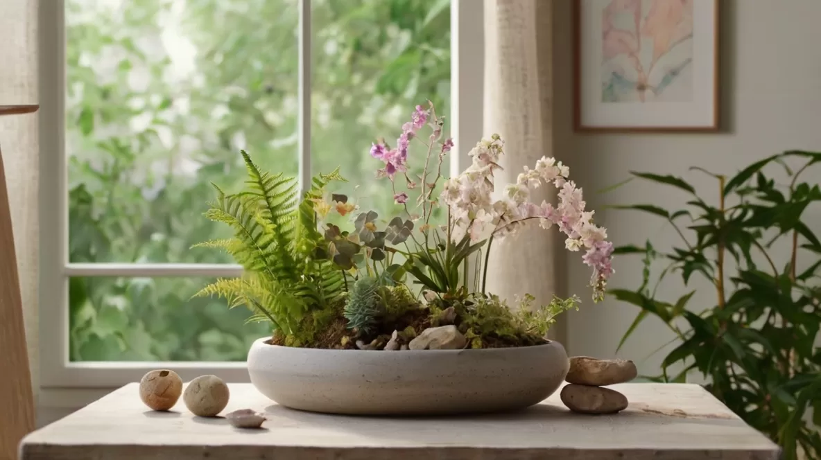 Cena serena inspirada na natureza com plantas e flores, refletindo tranquilidade e remédios naturais.