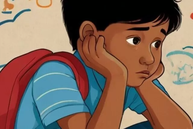 Illustrate a worried child sitting alone with a thought bubble containing various stress symbols like school, friends, and family.