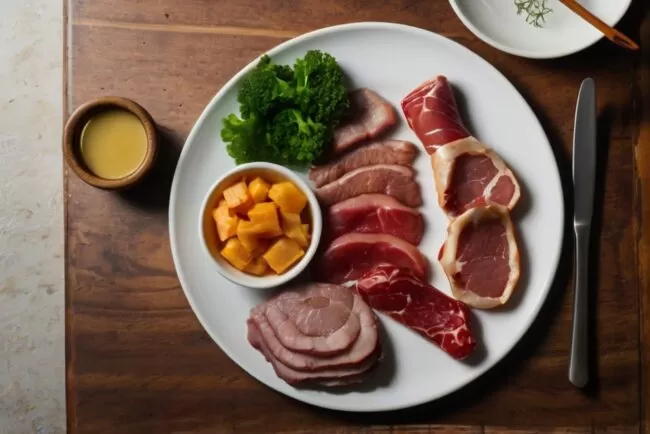 Prato com diversos tipos de carnes cozidas e cruas, em um ambiente minimalista.