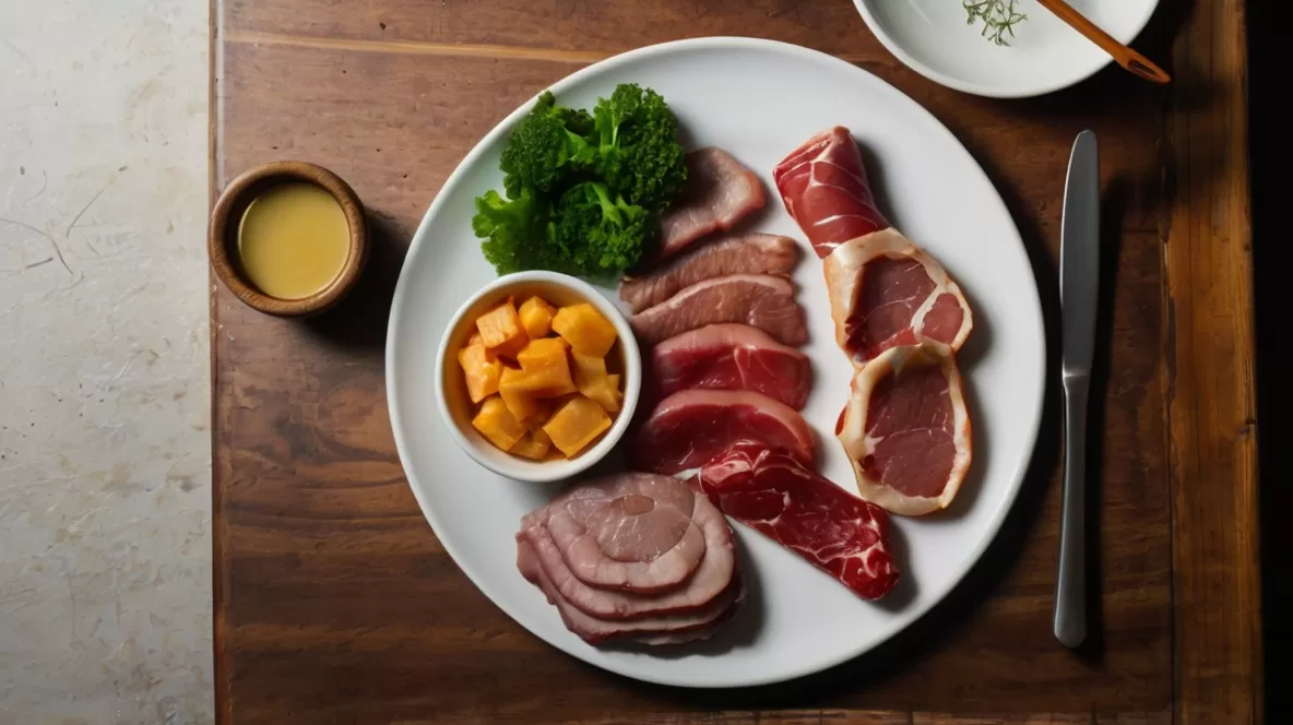 Prato com diversos tipos de carnes cozidas e cruas, em um ambiente minimalista.