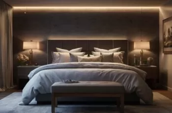 Quarto aconchegante à noite com iluminação suave.