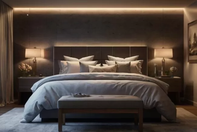 Quarto aconchegante à noite com iluminação suave.