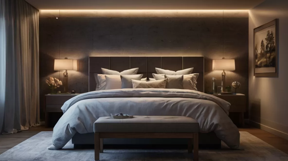 Quarto aconchegante à noite com iluminação suave.