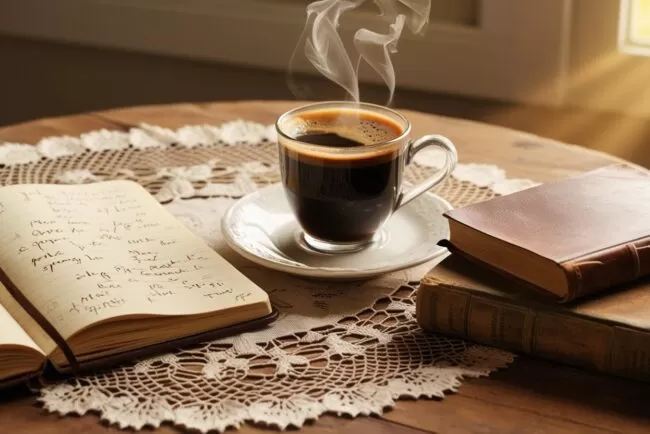 A imagem mostra uma xícara de café sendo servida em uma mesa com espaço para trabalhar, indicando o momento de descanso e reposição de energia.