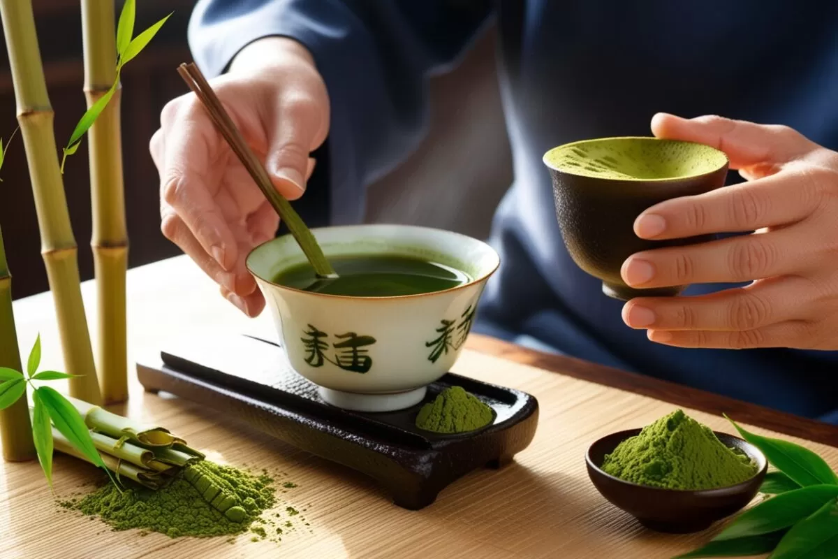 A cerimonia tradicional de preparar o chá matcha num jardim zen.