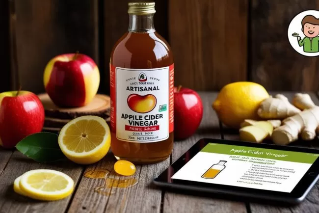 Garrafa de vinagre de maçã em uma mesa com frutas, representando a popularidade do vinagre de maçã e a cultura fitness.