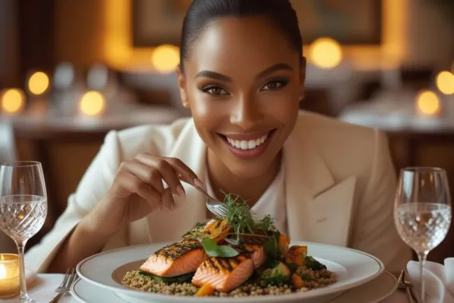 Mulher feliz e aproveitando pra Comer Fora com Saúde