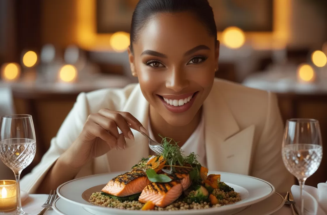 Mulher feliz e aproveitando pra Comer Fora com Saúde