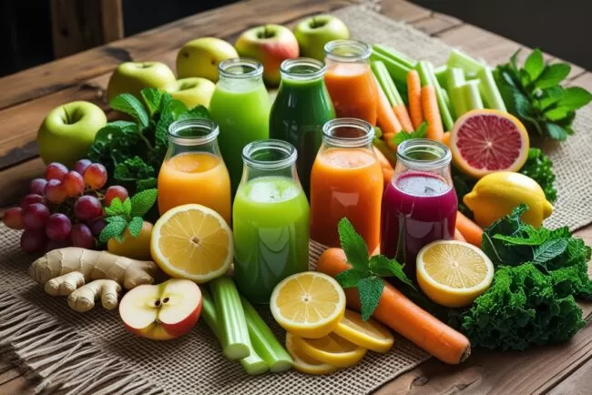 sucos detox (verde, tropical, de cenoura), frutas, legumes e ingredientes como gengibre, limão e folhas de hortelã.