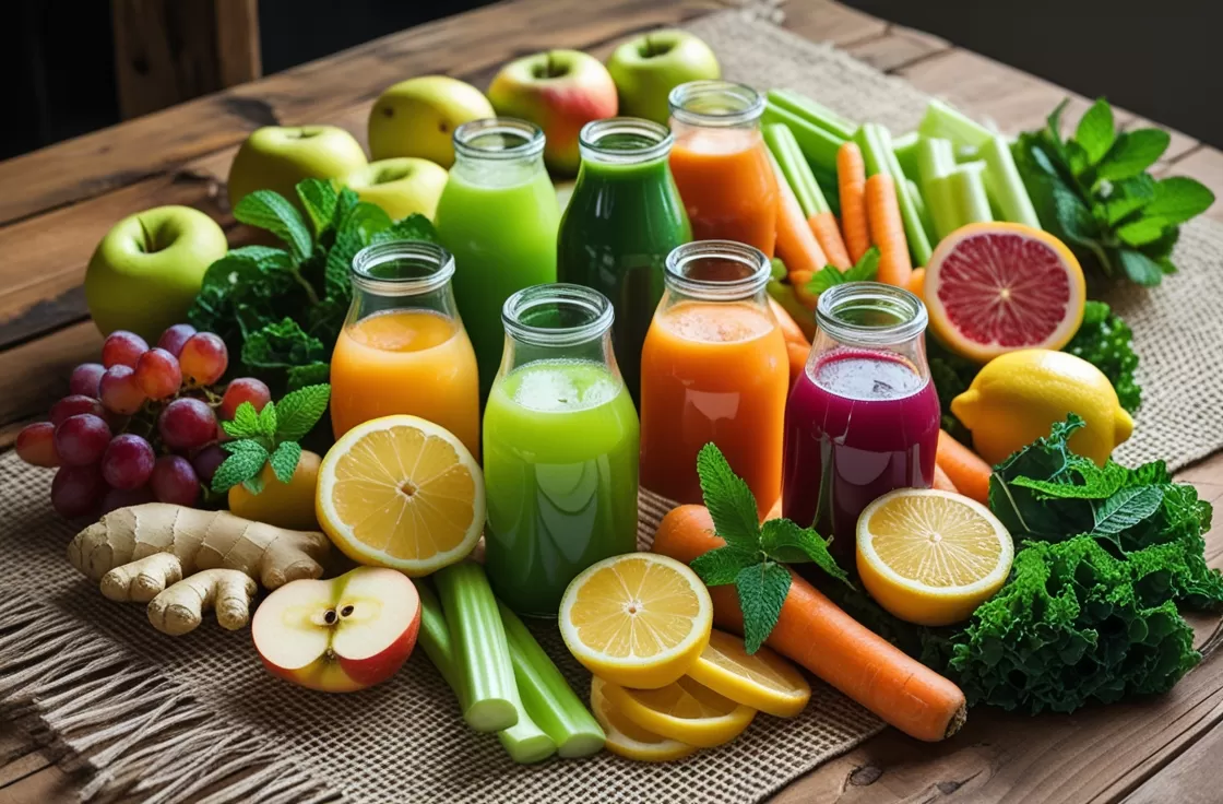 sucos detox (verde, tropical, de cenoura), frutas, legumes e ingredientes como gengibre, limão e folhas de hortelã.