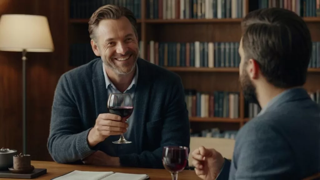 Pode Vinho na Dieta? O Que a Ciência Diz? Homem jovem em consulta médica, mostrando vinho tinto a um profissional de saúde.