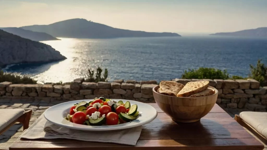 Top 5 Países com Alimentos Super Nutritivos Mesa clássica grega em um terraço com vista panorâmica do mar, promovendo a simplicidade e a frescura da dieta mediterrânea.