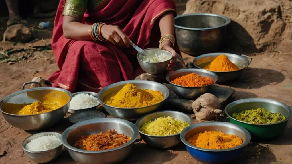 Top 5 Países com Alimentos Super Nutritivos Preparo de curry tradicional indiano em um festival vibrante, representando a riqueza cultural e nutricional da culinária indiana.