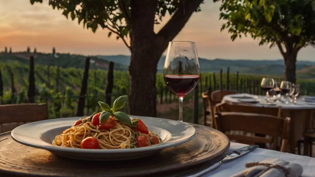 Top 5 Países com Alimentos Super Nutritivos Jantar aconchegante em uma trattoria italiana, celebrando a culinária rica e saudável da Itália.