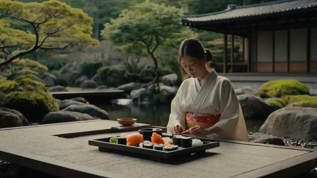 Top 5 Países com Alimentos Super Nutritivos Mulher japonesa preparando sushi em um jardim zen, enfatizando a harmonia e a frescura dos ingredientes.