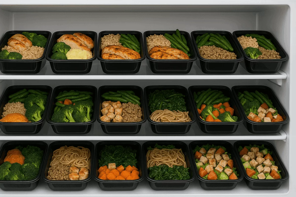 Uma geladeira organizada com vários recipientes de vidro conservando marmitas saudáveis. No fundo, legumes frescos.