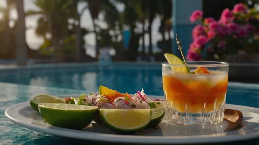 Top 5 Países com Alimentos Super Nutritivos Encantador banquete peruano à beira-mar, destacando o sabor marcante do ceviche e a beleza do pôr do sol.