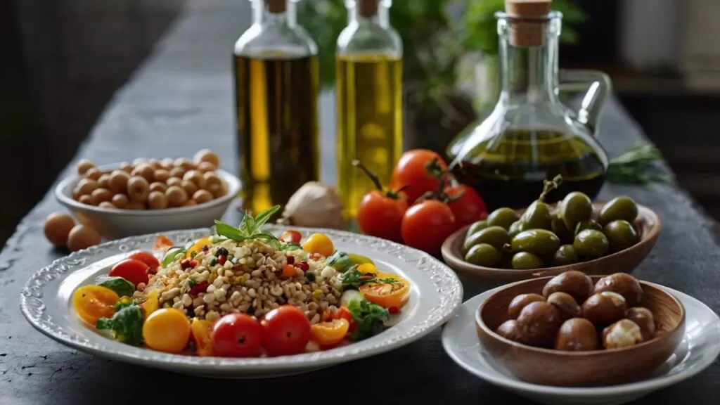 Como Preparar Marmitas Saudáveis e Deliciosas para a Semana Toda Um prato repleto de diversos ingredientes coloridos, como proteínas integrais, legumes, frutas, grãos e azeite de oliva.