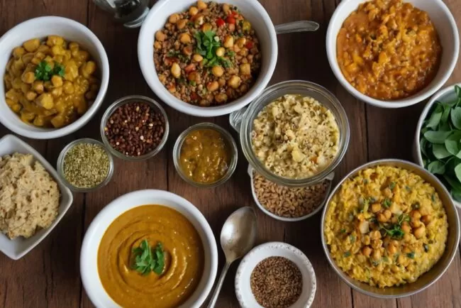 Mesa posta com refeição completa com proteína vegetal