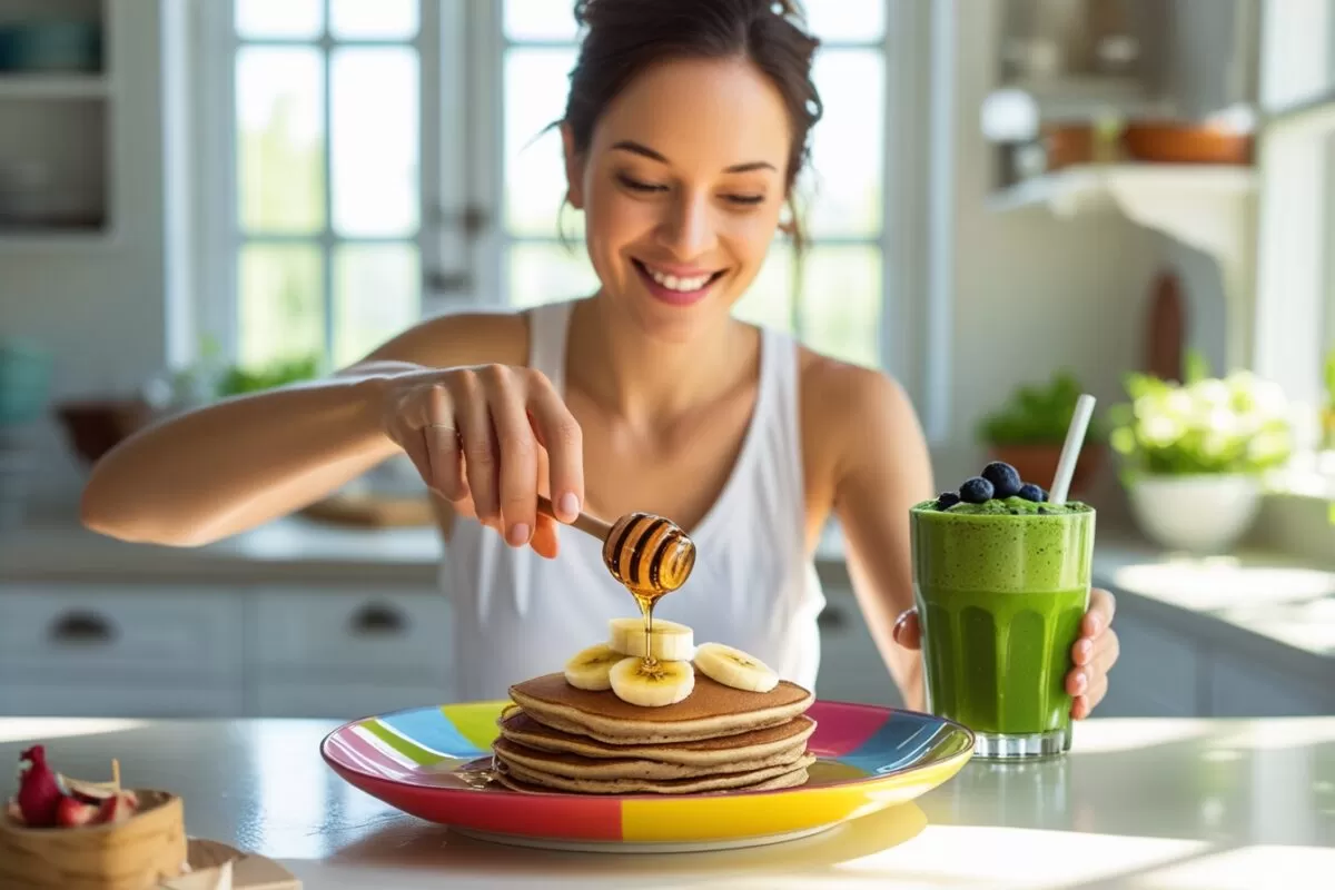 Uma cozinha luminosa com uma mulher sorridente preparando um café da manhã fitness com panquecas integrais, banana e smoothie verde.