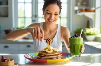 Uma cozinha luminosa com uma mulher sorridente preparando um café da manhã fitness com panquecas integrais, banana e smoothie verde.