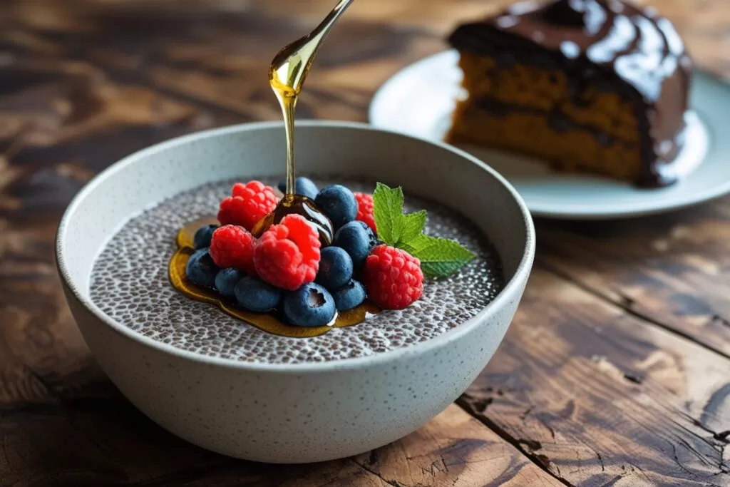 Dia das Mães Saudável: Receitas Fitness para Celebrar Com a Mãe Sobremesa fitness para o Dia das Mães: chia pudding com frutas vermelhas e bolo de cenoura com cobertura de chocolate amargo.
