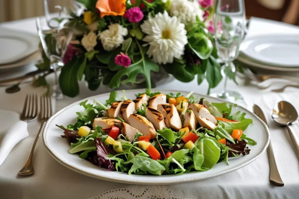 Dia das Mães Saudável: Receitas Fitness para Celebrar Com a Mãe Mesa posta com um prato de salada colorida com frango grelhado para o almoço de Dia das Mães.