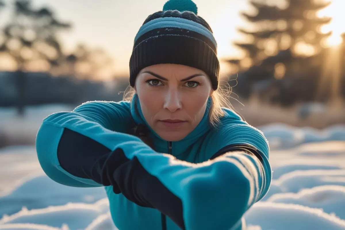 Silhueta em movimento em dia frio, com vento, nuvens e neve.