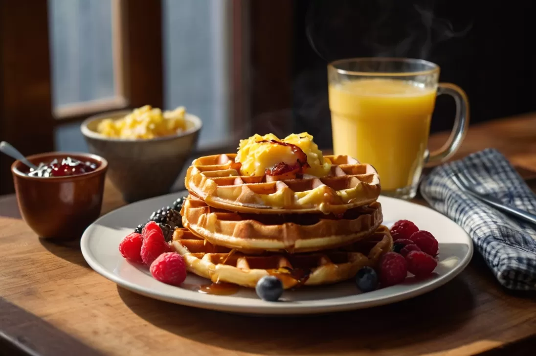 Uma imagem vintage, convidativa e aconchegante, com waffles dourados sob uma calda de frutas vermelhas, acompanhados de ovos mexidos e bacon crocante.