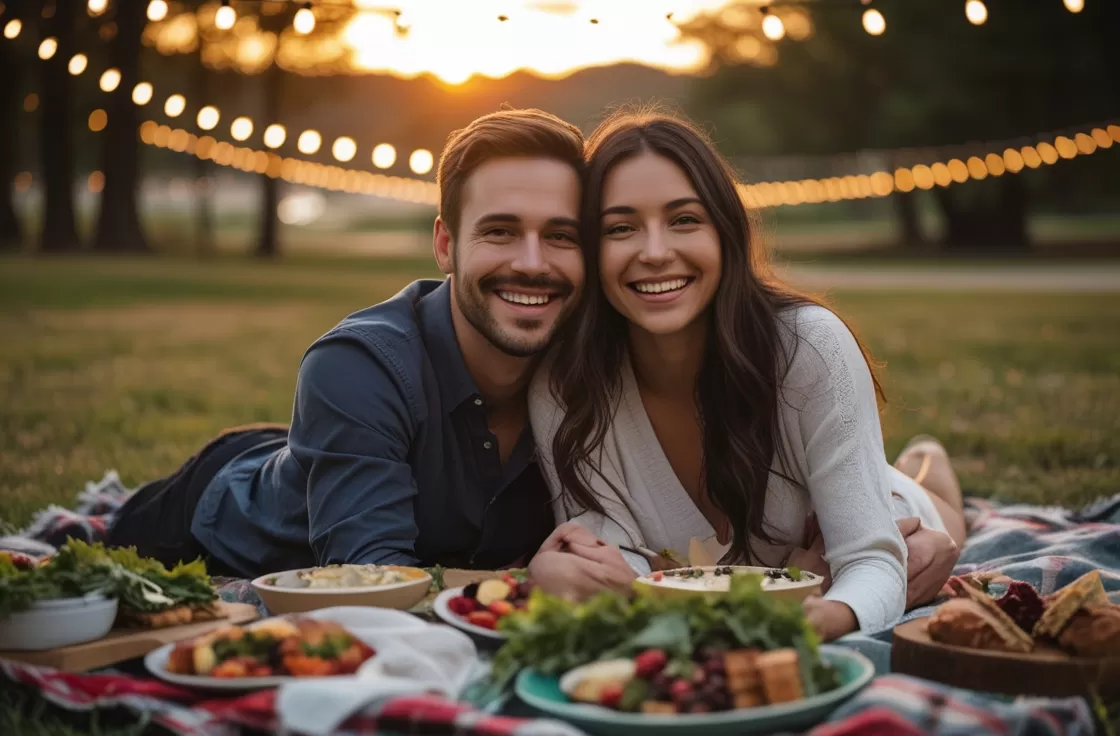 Um casal apaixonado abraçado sob um céu estrelado.