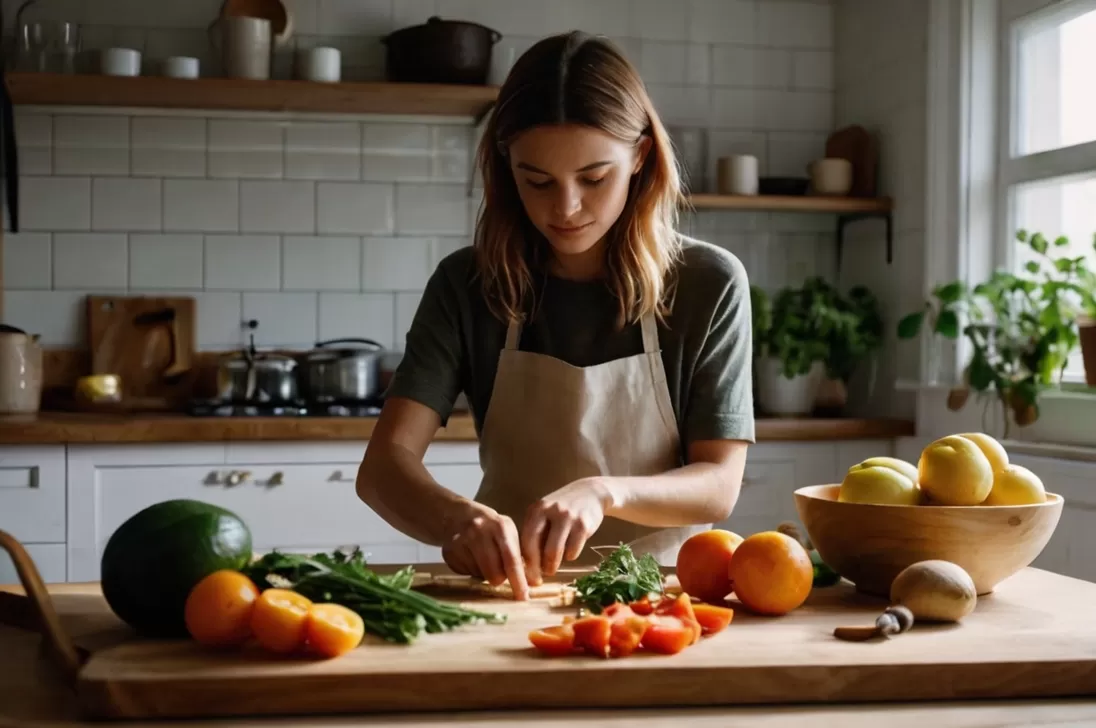 4 Hábitos Validados por Harvard para Reduzir o Açúcar e Prevenir o Diabetes Mãos cozinhando em cozinha com ingredientes frescos e pratos saudáveis.