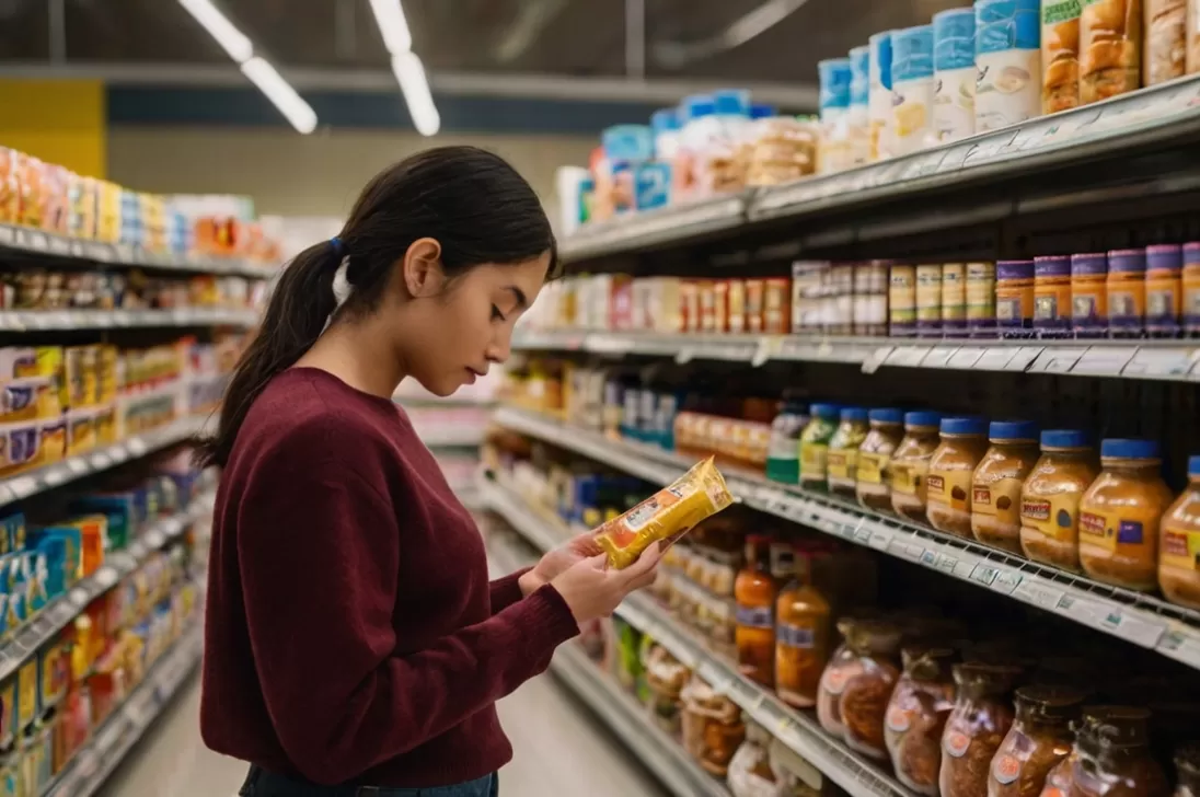 4 Hábitos Validados por Harvard para Reduzir o Açúcar e Prevenir o Diabetes Pacote de alimento com lupa mostrando açúcares escondidos para Prevenir o Diabetes.