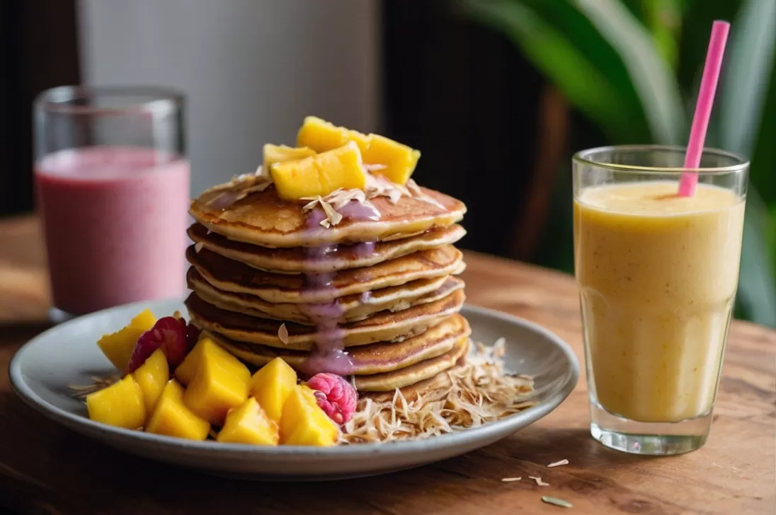 Uma bandeja com panquecas fofinhas, frutas tropicais suculentas e coco ralado, salpicando um leve aroma de melancia em um ambiente brilhante e alegre.